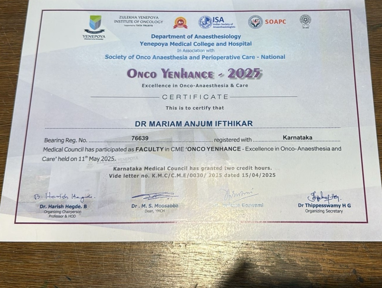 Dr. Mariam Anjum — Yenepoya — Certificate